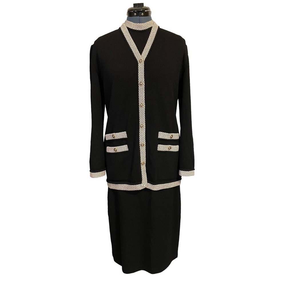 St John Collection 3 Piece Black White Trim Jacket S Sleeveless‎ Top M Skirt 10